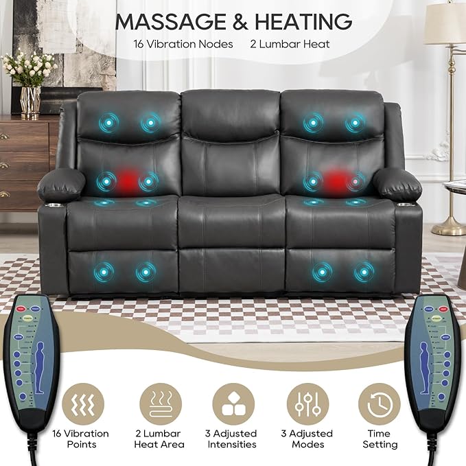 Manual Reclining Sofa - 3 Seat Recliner Sofa with Heat &amp Massage Function Wall-Hugger Reclining Sofa for Living Room (Grey)