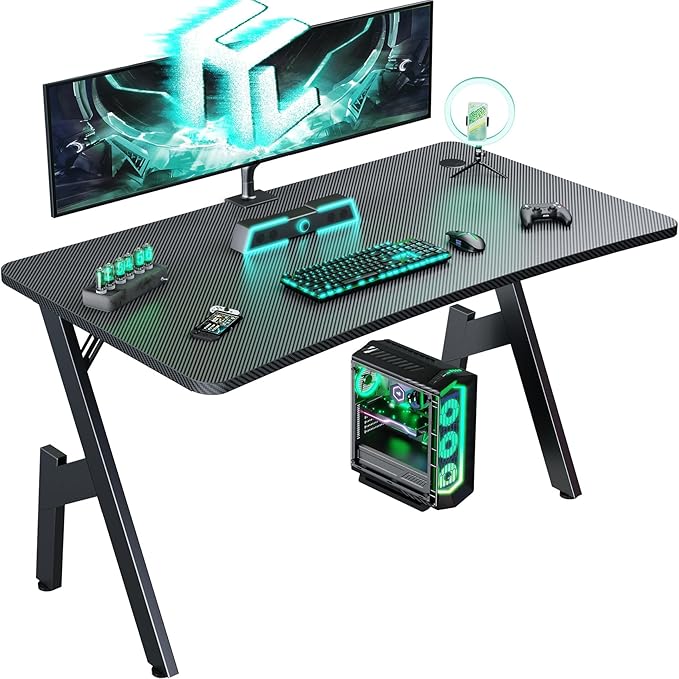 HLDIRECT 40 Inch Gaming Desk Small Computer Gaming Desk Table with Cable Management Ergonomic A Shape Modern Carbon Fiber Gamer Table Pc Workstation Home Office Desks for Small Space Black