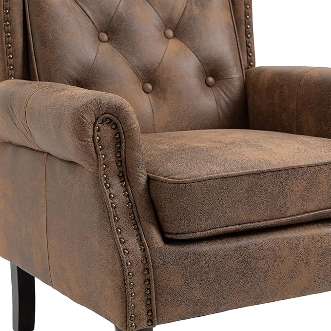 Mid-Century High Wingback Chair Microfiber Accent Chair Armchair with ButtonsModern Living Room Chairs with Rivet DecorationLeisure Single Sofa Chair for BedroomClubHome Reception (Coffee.)