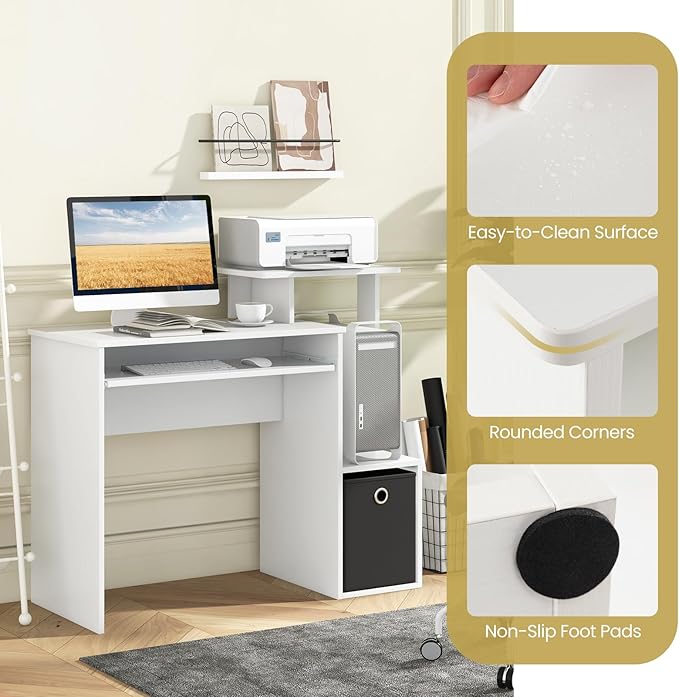 Tangkula Computer Desk with Fabric Drawer &amp Keyboard Tray Space-Saving Study Writing Desk with Open Storage Shelves &amp Printer Stand Modern Home Office Computer Workstation for Small Spaces (