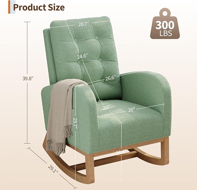 GarveeHome Nursery Rocking Chair Teddy Fleece Upholstery Sturdy Wooden Legs &amp High Backrest Comfortable Glider Rocking Chair for Living Room or Bedroom Light Green