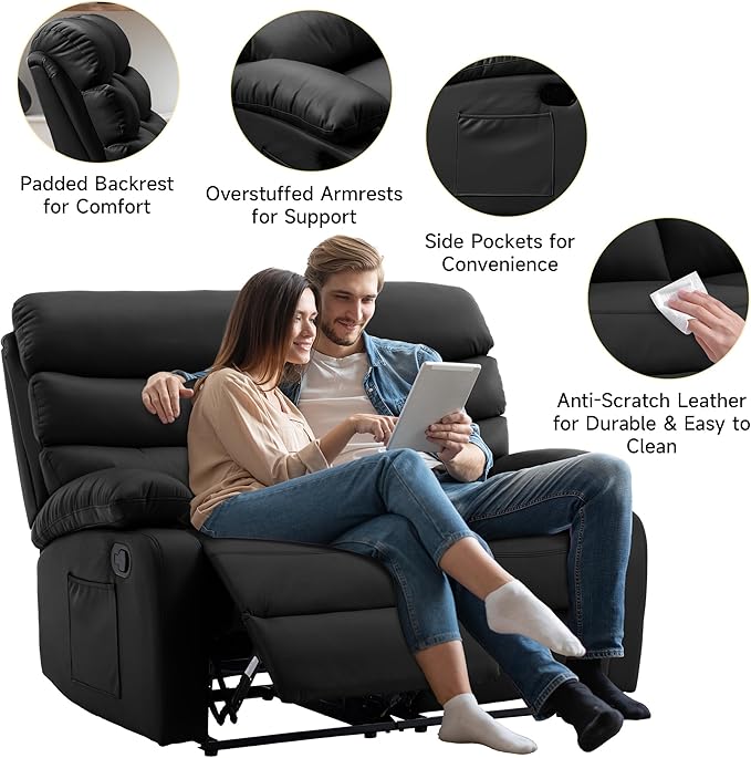 Double Recliner Loveseat Leather Reclining Loveseat 2 Recliners Set Wall Hugger Loveseat Recliner Sofa for Living Room RV Home Theater Seating(Black 2 Seater Sofa)