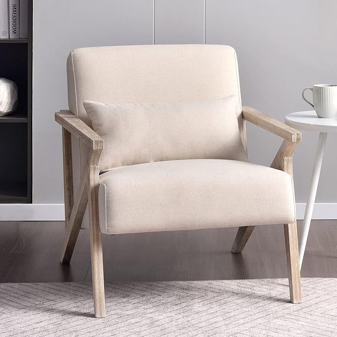 INZOY Mid Century Modern Chair with Wood Frame Upholstered Armchair with Waist Cushion Accent Chair for Living Room Bedroom Apartment Easy Assembly Beige