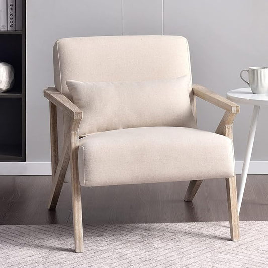 INZOY Mid Century Modern Chair with Wood Frame Upholstered Armchair with Waist Cushion Accent Chair for Living Room Bedroom Apartment Easy Assembly Beige