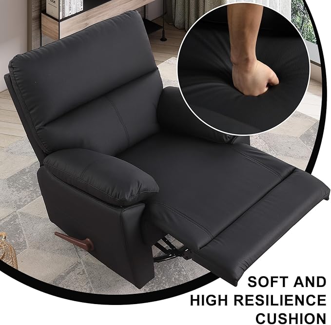 Manual Recliner Chair with Lever Handle 360° Swivel Elderly Rocker Recliner Chairs Single Seat upholstered Recliner Sofa Chair for Living Room Apartment (Black)