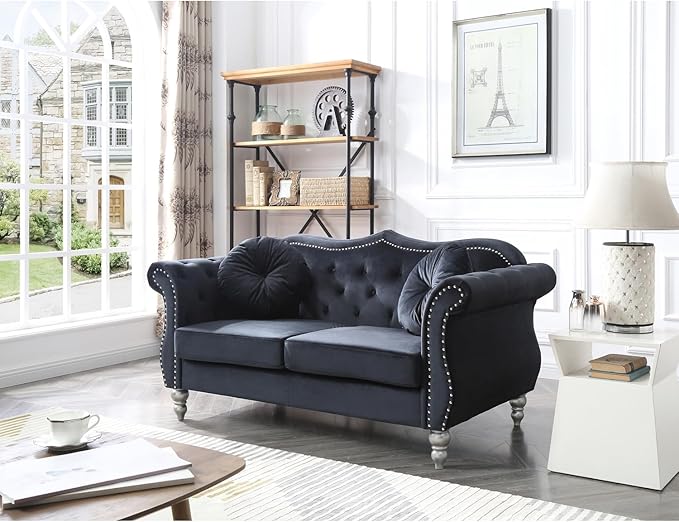 Velvet Loveseat 68 Wide Dark Gray - Hollywood Regency Style Sofa Black