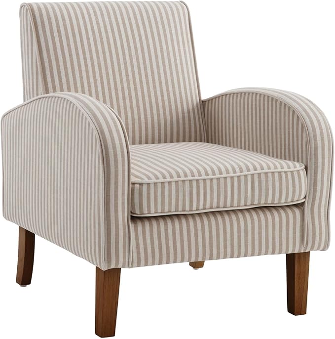 VESCASA Upholstered Accent Chair with Wood Legs Linen Comfy Single Sofa with Curve Arms Modern Side Club Leisure Chair for Reading/Living Room/Bedroom Khaki Stripe