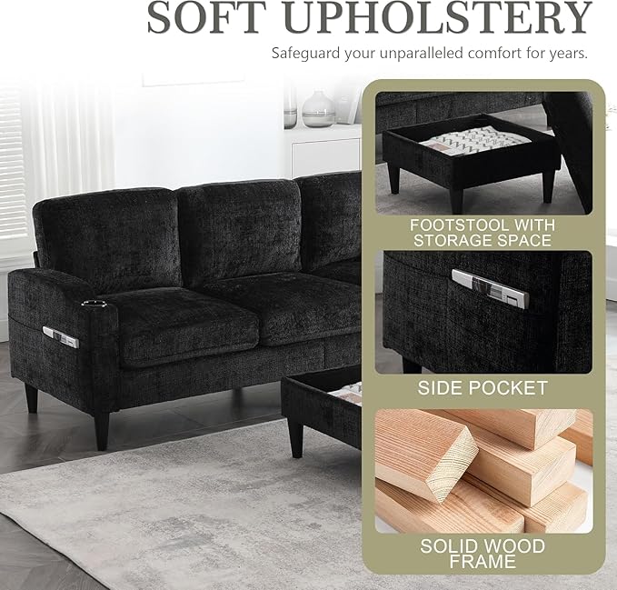 L Shaped Couch with Storage Ottoman 77 Chenille Small Sectional Couches with 2 Cup Holders &amp Storage Pocket for Small Space Comfy Cloud Sectional 3 Seater Couch Black