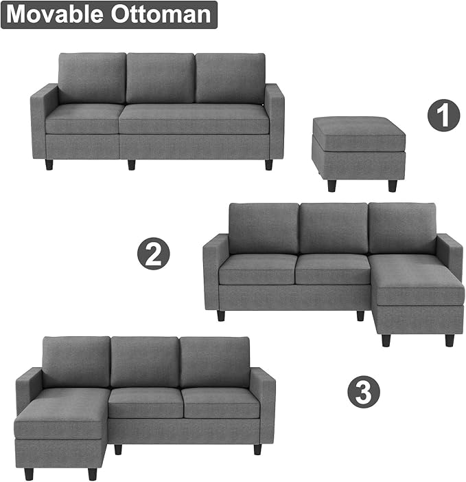 L Shaped CouchReversible Sofa with Linen FabricConvertible Sectional Sofa for Small Space Linen Grey