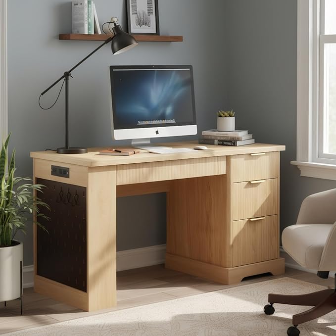 55 Modern Wavy Fluted Office Desk with Storage Cabinet Home Office Desk with Charging Station DrawerPegboard &amp Keyboard Tray - Study Writing Desk for Home Office Study Living Room Light Oak