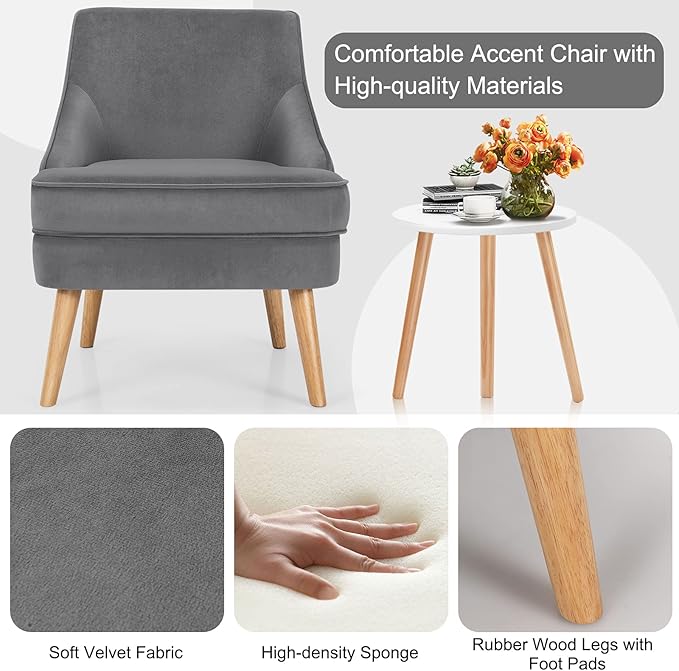 Giantex Velvet Accent Chair Mid Century Single Sofa Chair w/Rubber Wood Legs Comfy Slipper Chair Upholstered Armless Leisure Side Chair for Living Room Bedroom Meeting Room Grey