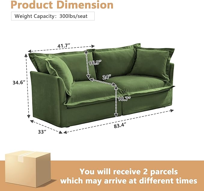 Aoowow Oversized Modular Sectional Sofa 83.4” Chenille Loveseat Sofa Comfy 2-Seat Sofa Couch Upholstered Deep Seat Couches with Big Toss Pillows for Living Room Apartment OfficeGreen-Chenille