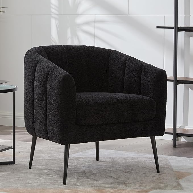 Modern Accent Chair Chenille Upholstered Accent Single Sofa with Metal Legs Tufted Lounge Chair with Wraparound Backrest Leisure Armchair for Living Room Office (Black)