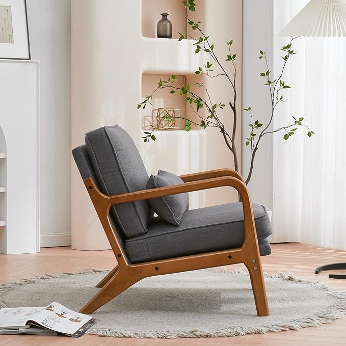 Accent Chair Upholstered Mid-Century Modern Chair with Lumbar Pillow&ampSoft CushionLounge Reading Armchair with Solid Wood Framefor Living Room Bedroom Balcony Grey