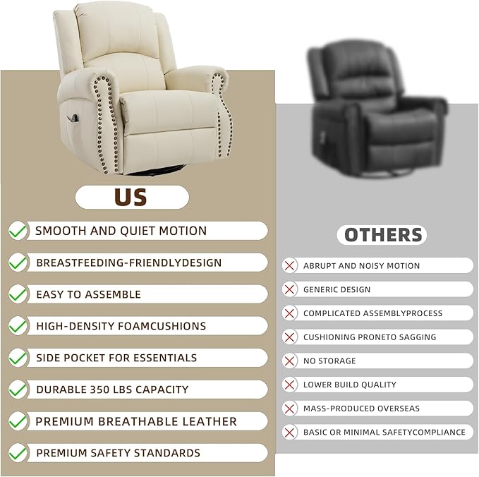 PELUMY Breathable Leather Swivel Rocking Recliner Chair for Adults 360° Swivel Glider Rocker with Heat &amp Vibrating Massage Lounge Chair for Living Room Bedroom Nursery (Creamy Beige)