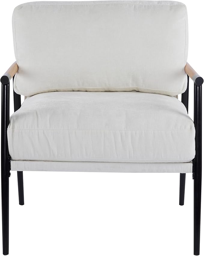 27.56 Modern Accent Chair with Plush Cushions Minimalist Metal Frame and Wooden Armrest Design – Perfect for Cozy Living Room Bedroom or Office Seating