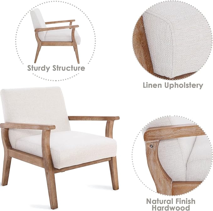 Wahson Comfy Living Room Chairs Linen Upholstered Accent Chairs Farmhouse Armchairs with Natural Wood Frame Oversized Decorative Chair for Bedroom Beige