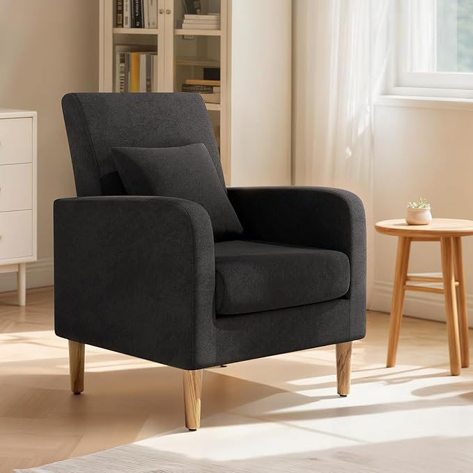 Magshion Mid-Century Accent Chair for Living Room Comfy Reading Chair for Bedroom Upholstered Linen Fabric Armchair Single Sofa with Back Pillow &amp Wood Legs 300 lbs Capacity Black