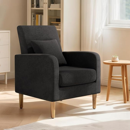 Magshion Mid-Century Accent Chair for Living Room Comfy Reading Chair for Bedroom Upholstered Linen Fabric Armchair Single Sofa with Back Pillow &amp Wood Legs 300 lbs Capacity Black