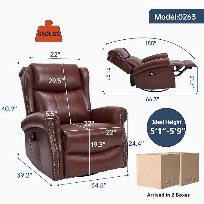 360° Swivel Glider Chair for Nursery Wingback Genuine Leather Rocking Recliner with Lumbar Heat &amp Massage 8-Point Vibration Massage for Living Room Bedroom