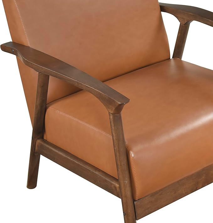 Lexicon Mid Century Modern Accent Chair Faux Leather Upholstered Lounge Armchair Solid Rubber Wood Frame Single Sofa Seat for Living Room/Bedroom/Office/Waiting Area Brown