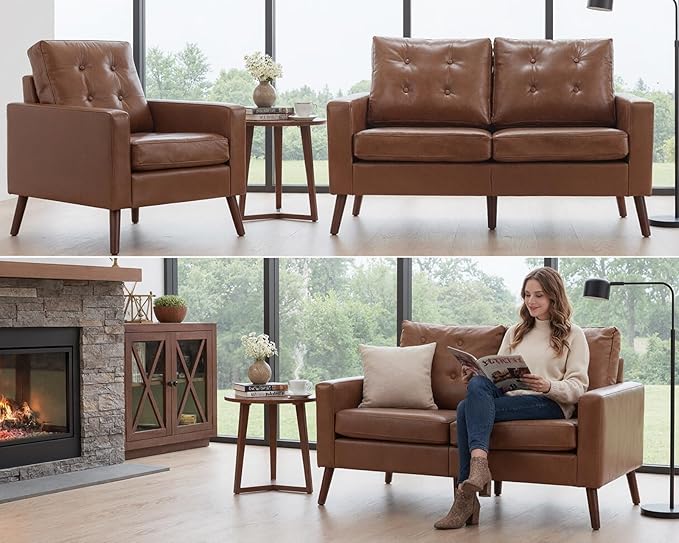 HNY Set of 2 Mid Century Modern Armchair Button Tufted Faux Leather Accent Chair with Arm Upholstered Club Chair for Living Room Bedroom Rubber Wood Legs Caramel 29.1D x 32.3W x 33.1H Inch