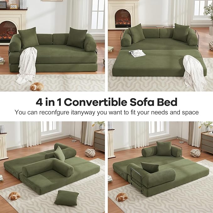 79 Convertible Folding Sofa Bed 4-in-1 DIY Combination Sleeper Sofa Bed Upholstered King Size Sleeper Couch Corduroy Floor SofaBed Boneless Couch for Living Room Bedroom Lounge (Green)