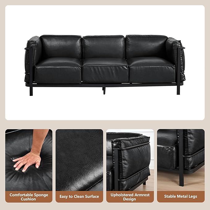 QHITTY 3 Seater Accent Sofa Mid-Century Modern Upholstered Couch Chair Faux Leather Sofa Couch with Iron Frame and Upholstered Armrest Backrest Cushion for Living Room Office Apartment (Black)