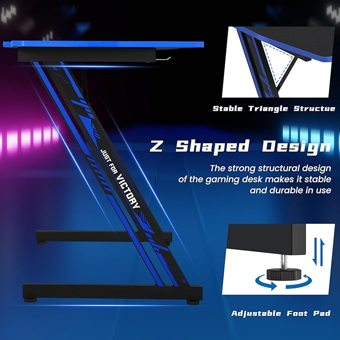 Gaming Desk 39 Inch Z-Shaped Computer Desk Modern Ergonomic PC Computer Table Home Office Desk Racing Style Gaming Workstation with Headphone Hook Blue