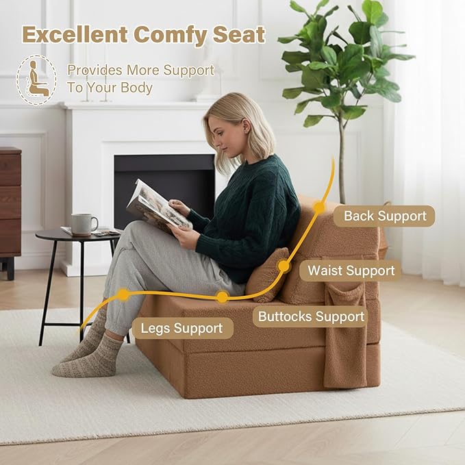 Tiita Convertible Folding Sofa Bed Single Size for Adults with Pillow Plush Fabric Floor Mattress Couch Bed Washable Cover &amp Side Pocket Guest Room Dorm Apartment Living Room Brown