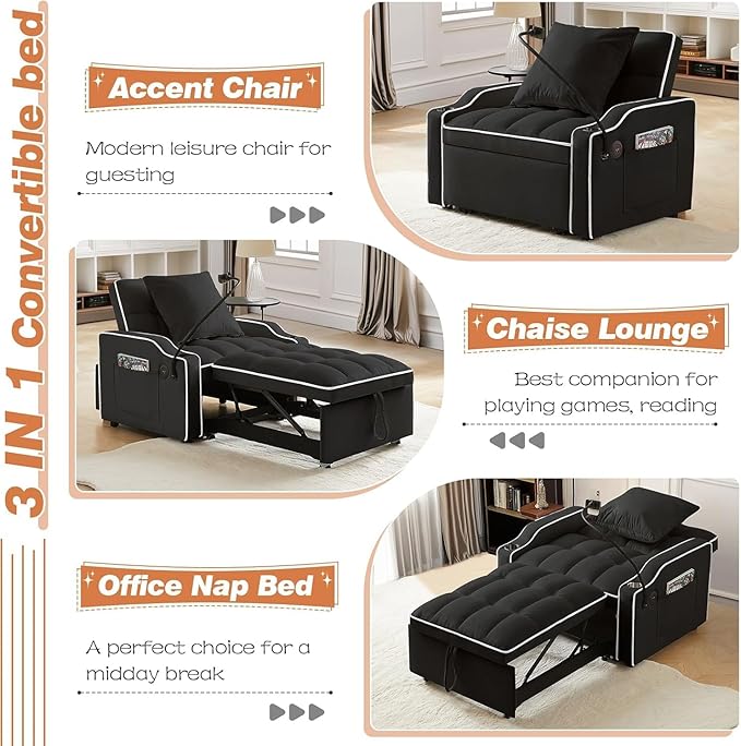 Sleeper Sofa Chair Bed 3 in 1 with Charging Ports Phone Holder &amp Cup Holders - Modern Velvet Convertible Pull Out Single Sofa Bed for Small Spaces Apartment Dorm (Black)