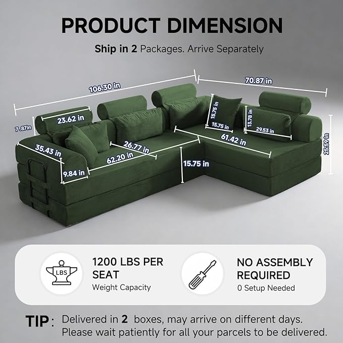 106” Cloud Sectional Couch L-Shaped Sofa with Right Facing Chaise Corduroy Boneless Couches Compressed Modular Sectional Sofa with Deep Seat High Backrest Headrest (Green)