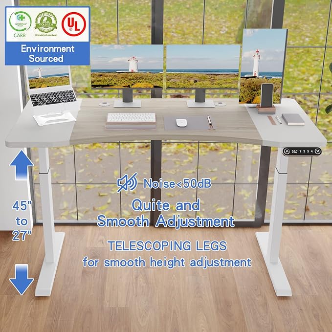 Dual Motor 63x30 Height Adjustable Electric Standing DeskHeight Stand Up Computer DeskSit and Stand Home Office Desk with Splice Board(Oak+White Top White Frame)