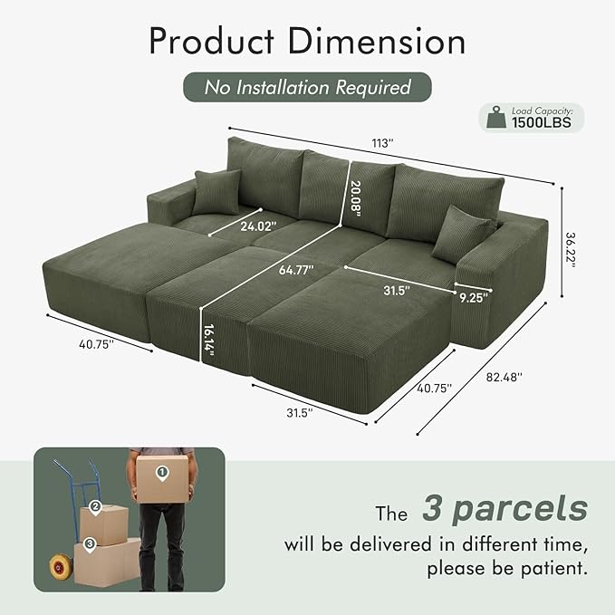 113 Modular Sectional Couch Cloud Boneless Sofa with Deep Seats Upholstered Corduroy Sofa Bed with Loung Chaise 3-Seater Couches for Living Room No Assembly Required Green