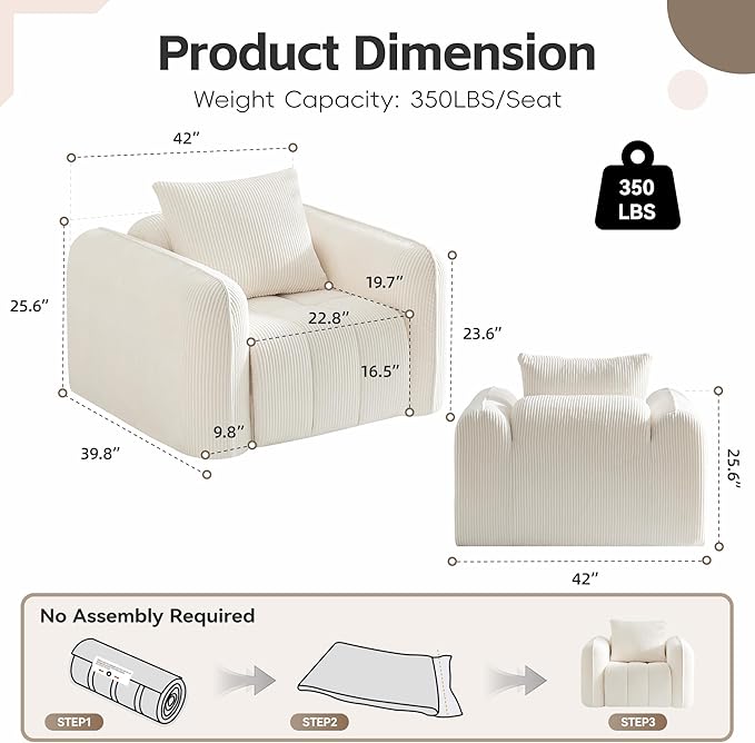 Bean Bag Chair for Adults Boneless Accent Chair Single Sofa Couch Chair Cozy Corduroy Arm Chair for Living Room Lounge Floor Memory Foam Couches for Small Spaces Bedroom Apartment White