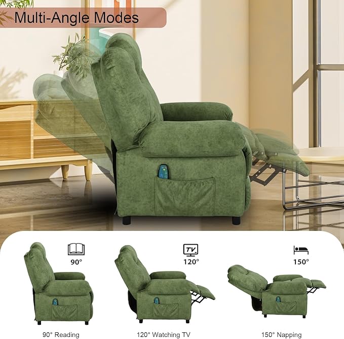 Pushback Massage Recliner Chair with Heat Fabric Heated Massaging Reclining Chair Single Sofa for Adults Mid Century Small Push Back Manual Recliner for Living RoomGreen