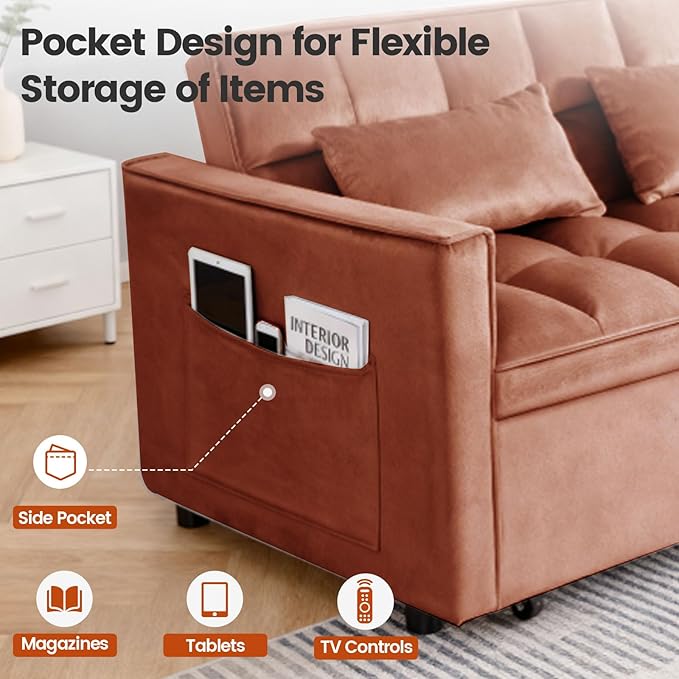 3 in 1 Convertible Sofa Bed Velvet Fabric Loveseat Sleeper Couch Modern Pull Out Couch with Side Pockets Sleeper Sofa Bed with Adjustable Backrest for Living Room Camel