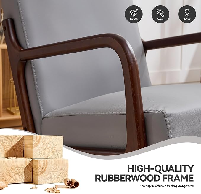 Mid Century Modern PU Leather Accent Chair Living Room Chairs with Lumbar Pillow Boho Arm Chiar Reading Chair with Solid Wood Frame for Living Room Bedroom