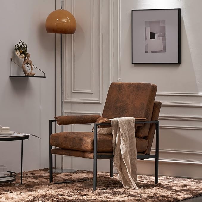 Mid-Century Armchair with Solid Wood FrameLiving Room Chair with Extra-Thick Padded Backrest and Seat CushionSingle Sofa Chairs with Non-Slip Feet105° Slop BackLinen Accent Chair for ClubOffice