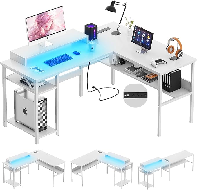 Unikito Reversible L Shaped Computer Desk with Power Outlets and Monitor Stand Sturdy Corner Desk with RGB LED Light and Storage Shelves Modern Work Desk for Home Office Easy to Assemble White