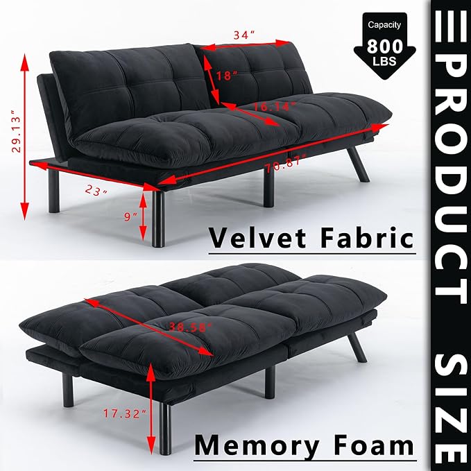 70“ Modern Velvet Futon Couch SleeperConvertible Sleeper Sofa Bed with Adjustable Backrests and Folding Armrest for Living Room Bedroom Office ApartmentSplit BackMattress Included (Black)