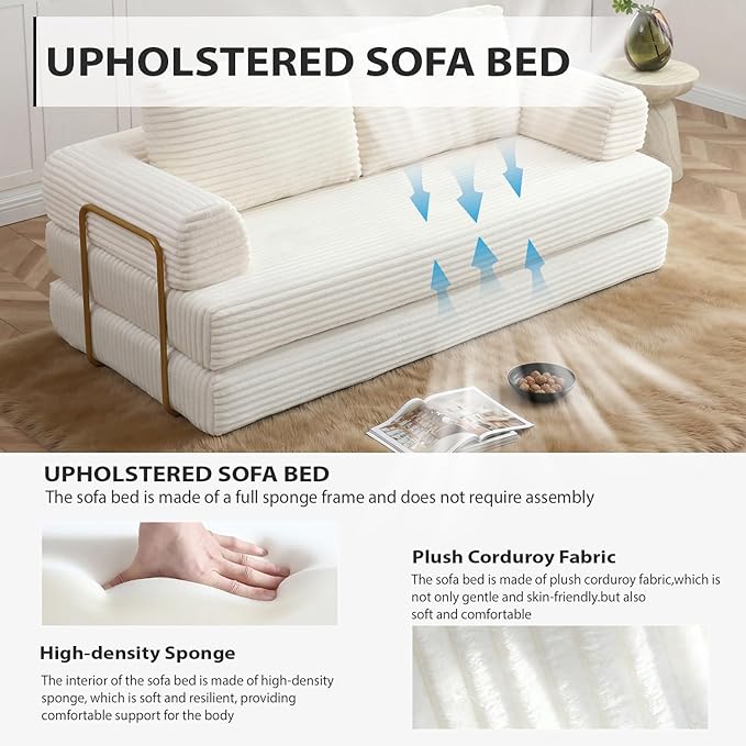 Convertible Folding Sofa Bed Modern Futon Sleeper Sofa Fold Out Couch Bed with Gold Fixed Frame Modular Floor Sofas Comfy Corduroy Boneless Couches for Living Room (80 Beige)