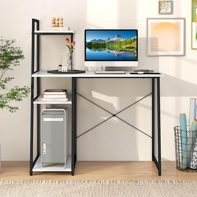 Giantex Computer Desk with Shelves 47.5” Home Office Desk with Bookshelf Host Stand Metal Frame PC Laptop Workstation Modern Study Writing Desk for Bedroom Small Space (White &amp Black)
