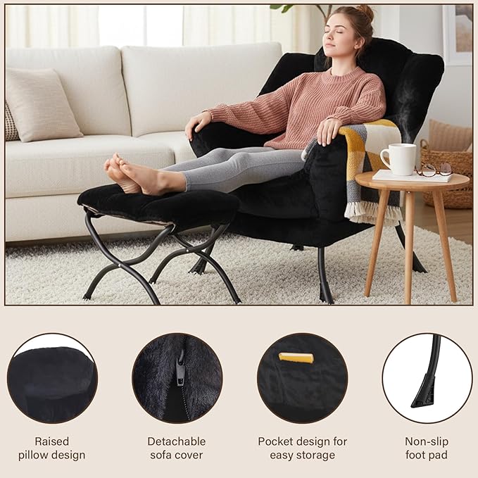 Welnow Lazy Chair with Ottoman Modern Accent Chair with Armrests and a Side Pocket Leisure Sofa Armchair Reading Armchair with Footrest for Small Space Plush Black