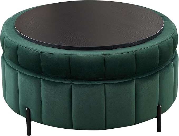 31.5 Velvet Round Storage Ottoman GreenReversible Lid Upholstered Ottoman Coffee TableCircle Foot Stool for Living RoomBedroom