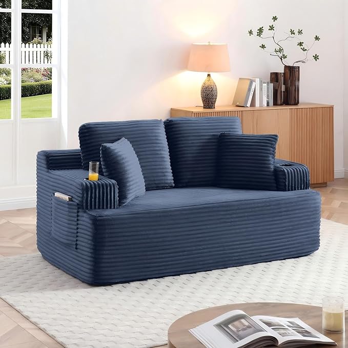 66.5 Small Cloud Loveseat Sofa in a Box Comfy Corduroy 2-Seater Boneless Couch Modern Deep Seat Sofa for Small Spaces Living Room &amp Apartment No Assembly Required (Blue 66.5 inch) | Memory F