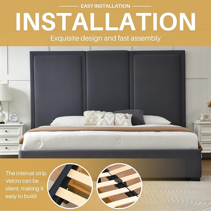 YUHUASHI King Size Bed Frame with 64-inch High Headboard Simple and Airy Linen Upholstered Platform Bed with Storage Drawers Wood Slat No Noise (Grey King (U.S. Standard))