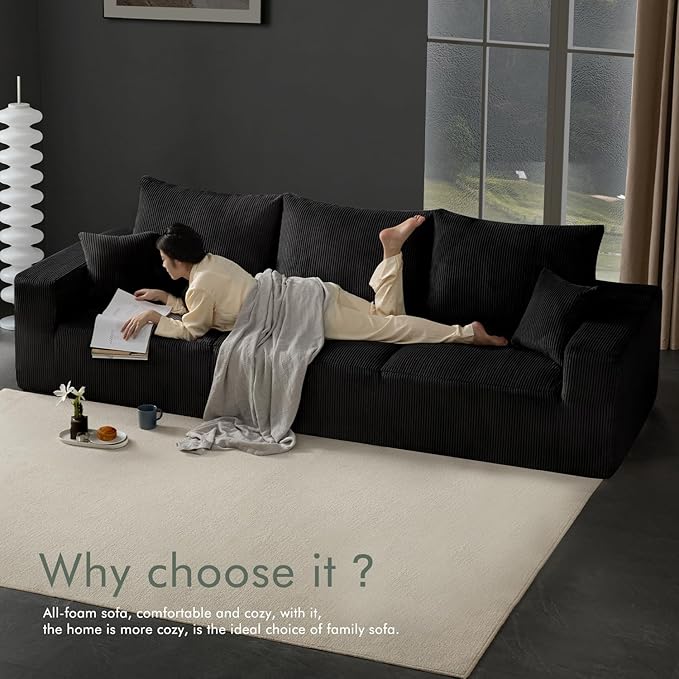 113 Modular Sectional Couch Cloud Boneless Sofa with Deep Seats Upholstered Corduroy Sleeper Sofa Bed with 3-Seater for Living Room No Assembly Required Black