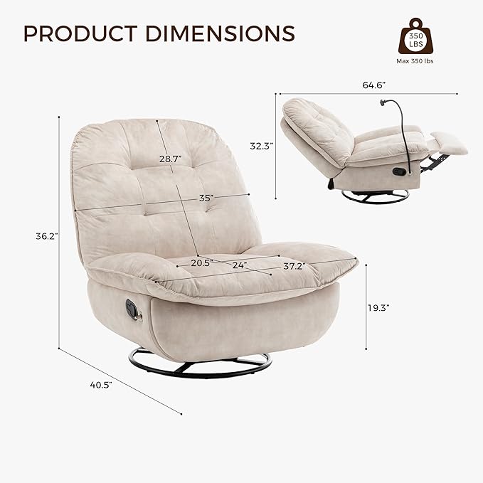 Swivel Rocker Recliner Chair for Adult Glider Nursery Rocking Chair Armless Single Recliner Sofa for Living Room Oversized &amp Overstuffed Phone Holder Included Beige