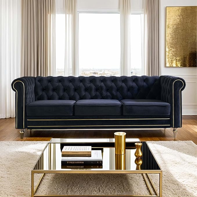 84 Velvet Sofa with Gold Legs Luxury Tufted Couch for Living Room Chesterfield Sofa with Thick Cushion Wide Armrest High-Density Foam Gold Strip Trim (Black)